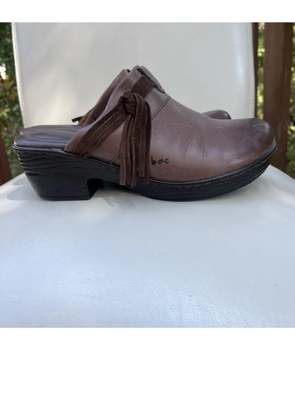 boc Brown Leather Tassel Clog Mule